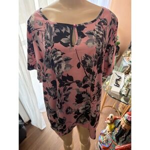 Como Blu Pink Black Floral Keyhole Pleated Blouse Top Womens 1X NEW
